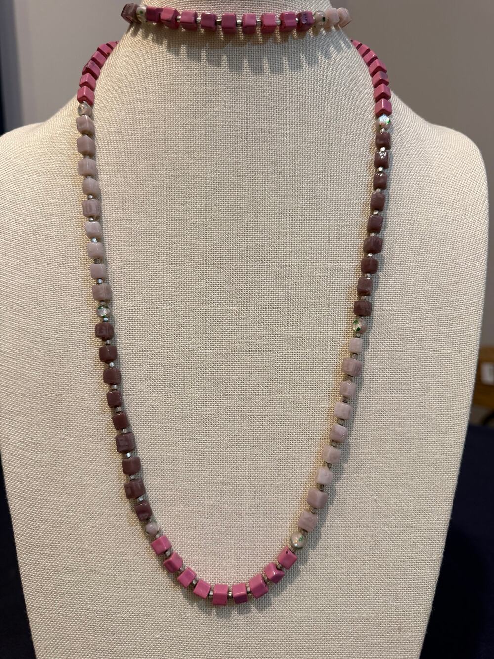 Vintage Pink & Mauve Cube Bead Necklace 40”